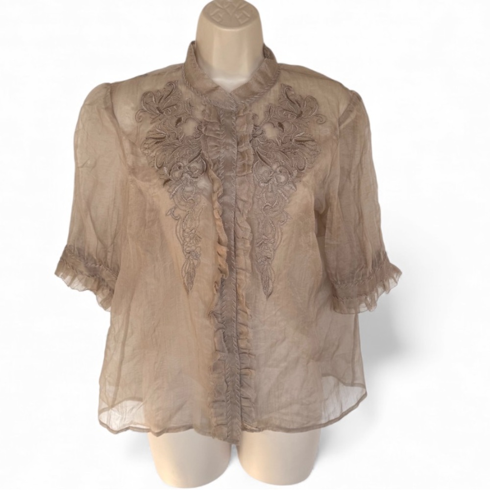 Vote Nom Vintage Elegant Sheer Silk Tan Blouse Set 6
